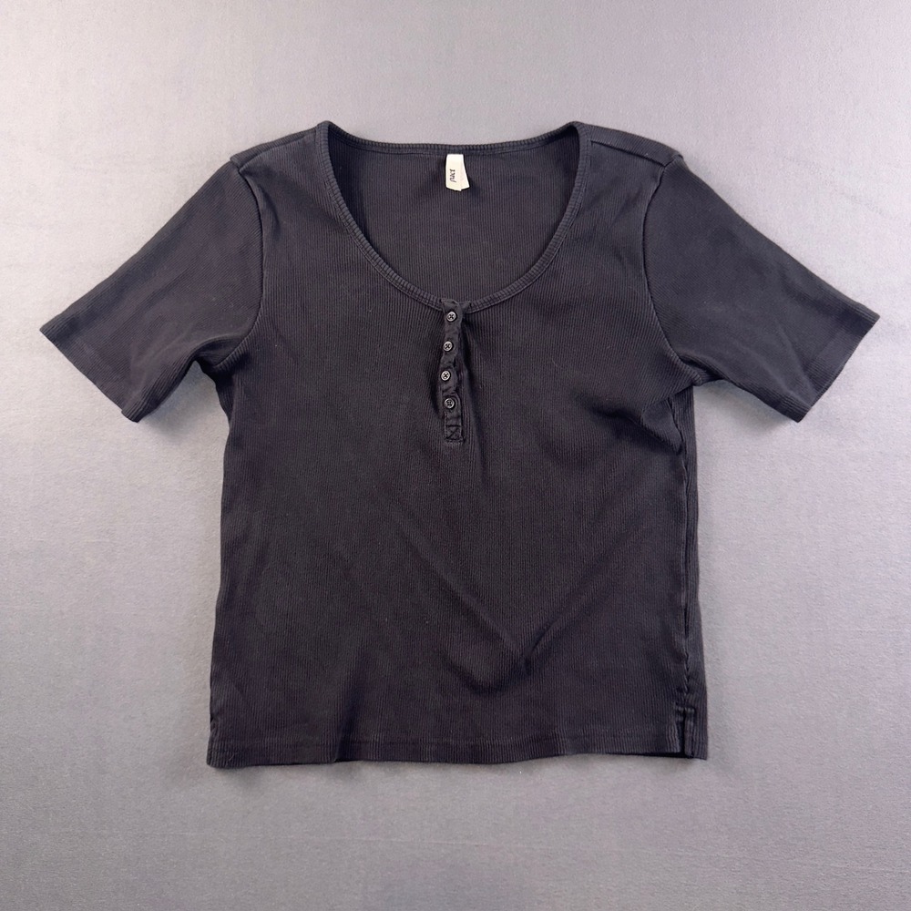 Pact Womens Organic Cotton Ribbed Henley Short Sleeve Top Black Size L